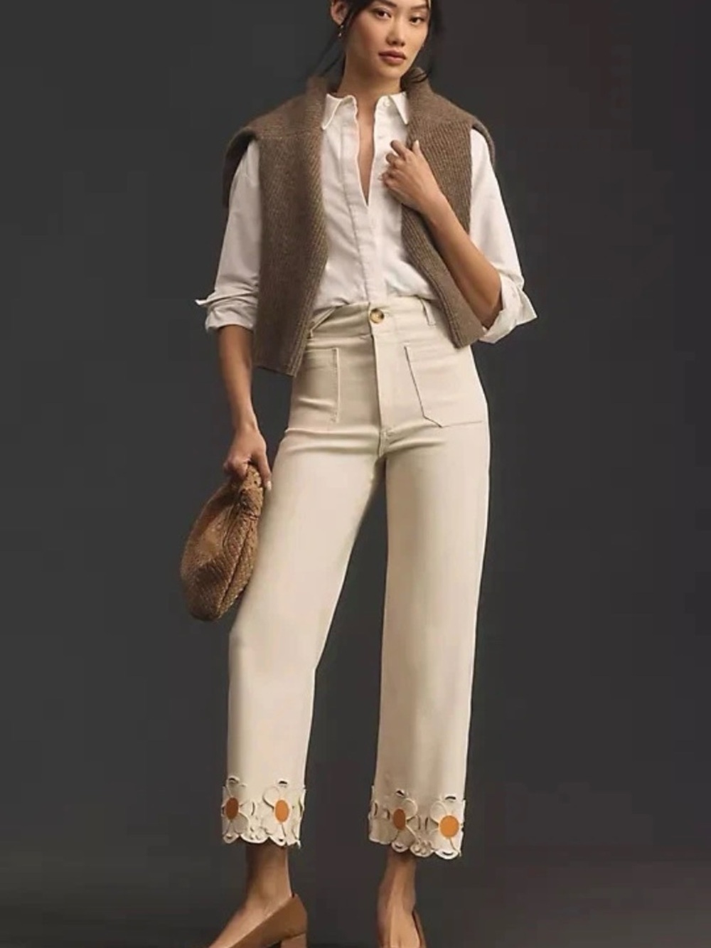 Maeve Anthropologie Colette Wide-Leg Jeans Daisy Cutwork Hem cottagecore whimsy